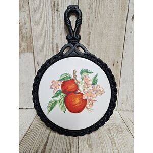 Vintage Retro Cast Iron Trivet Ceramic Tile Apples Marked BB‎
